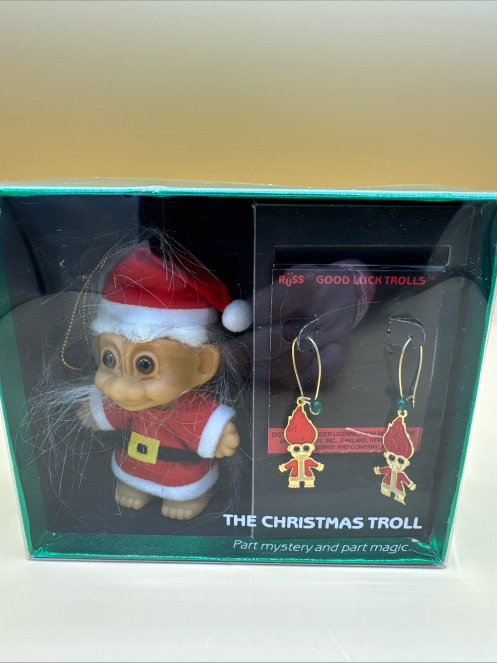 Russ Good Luck Christmas Santa Troll + Troll Earrings Gift Set ~3" Doll Vintage